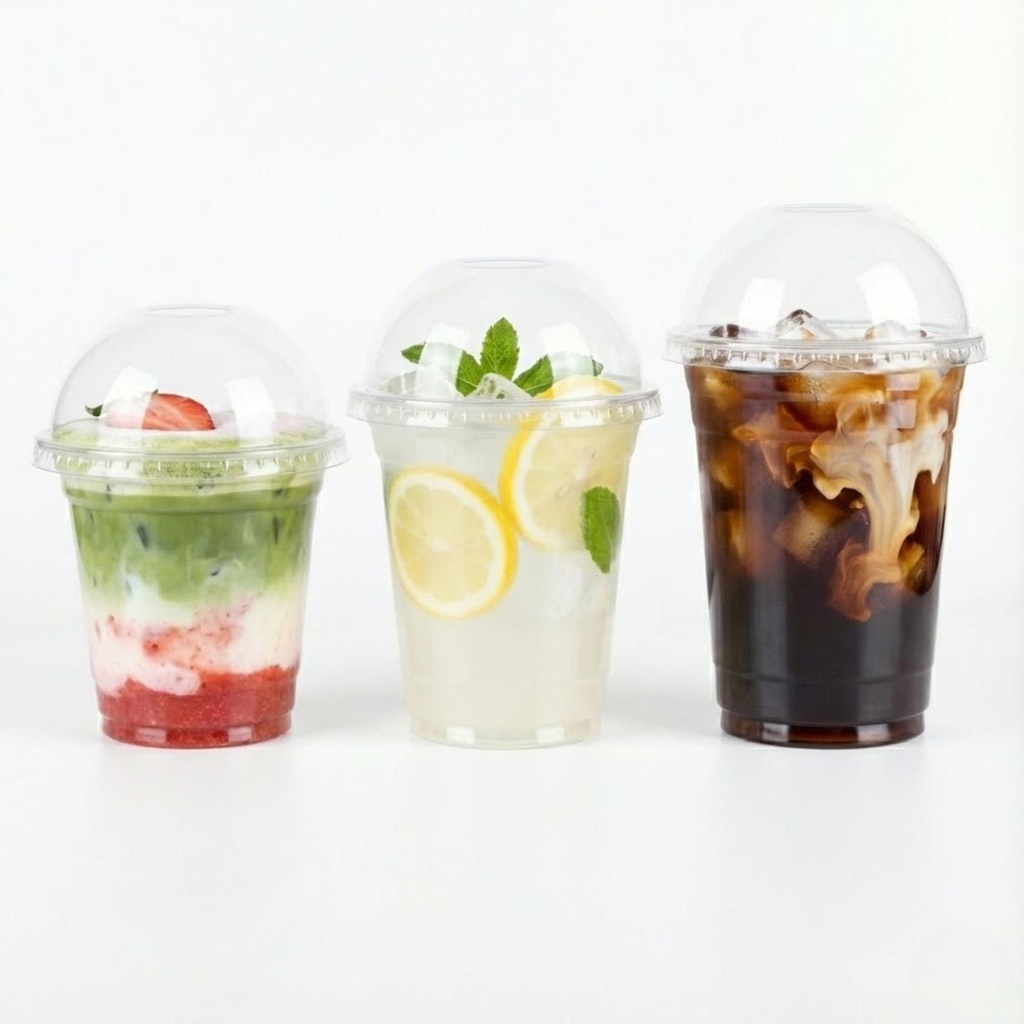 100 Stück Pet Becher mit Domdeckel für Matcha Latte, Dessert, Softdrink, Kaffee, to go Plastikbecher, | 360ml, 400ml, 500ml