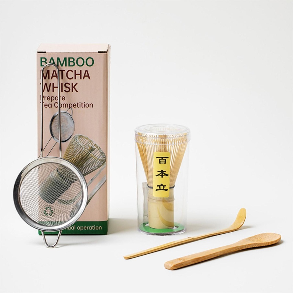 4-teiliges Bambus Tee-Set mit Matcha-Besen, Löffel, Chashaku und Sieb | Traditionelles japanisches Zubehör für cremigen Matcha