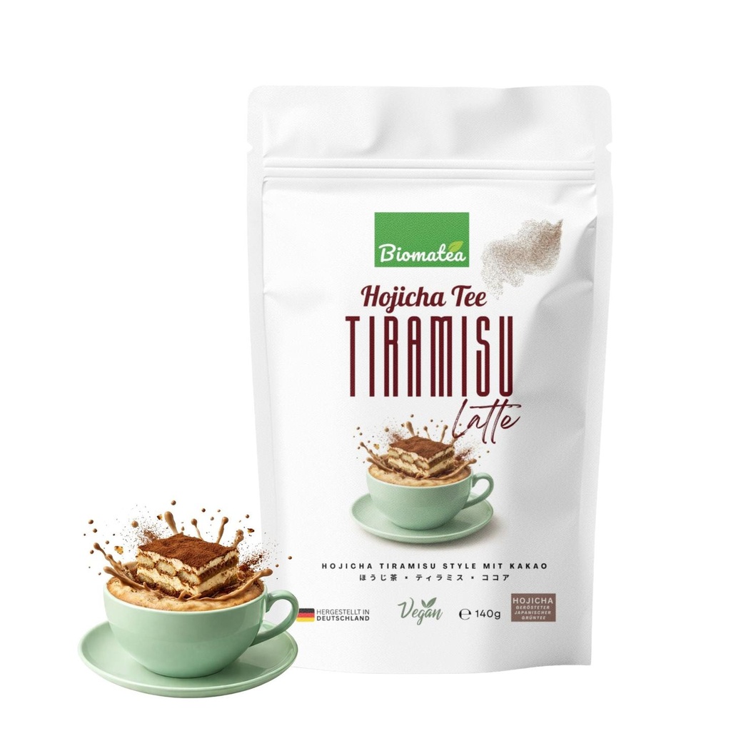 Biomatea Hojicha Tiramisu Latte Pulver ohne Kaffee, vegan & glutenfrei, 140g