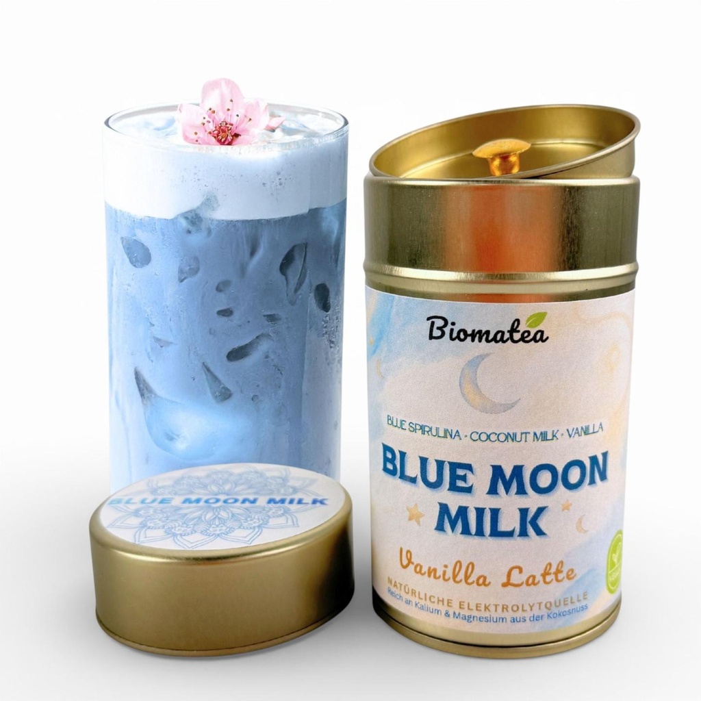 Blue Moon Milk Vanille Latte – Blue Spirulina Latte Mix mit Kokosmilch & echter Vanille, 100g Dose