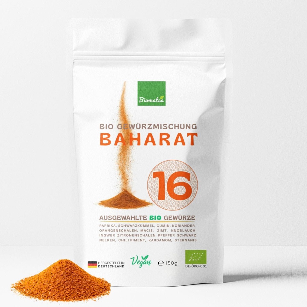 Bio Baharat Gewürzmischung – Orientalische 16 Gewürze Komposition, 150g