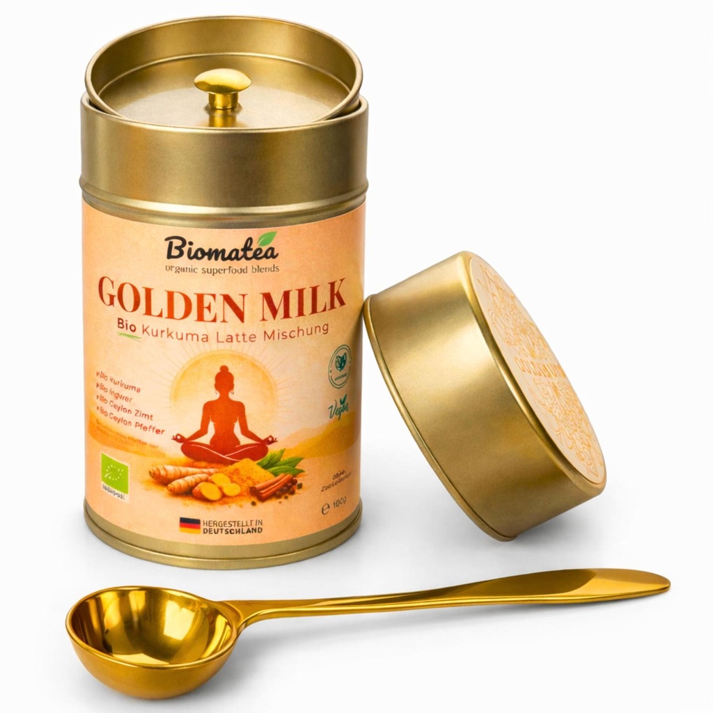 Bio Golden Milk Kurkuma Latte Set – Goldene Milch Superfood in goldfarbener Metalldose mit Doppeldeckel & Edelstahllöffel, 100g