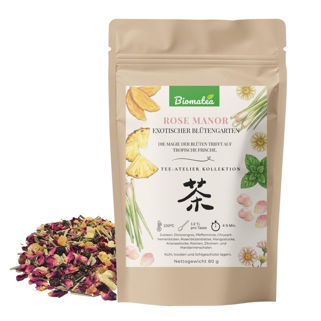 Rose Manor – Exotischer Blütentee mit Zitronengras, Rosenblüten & Mango (80g) – Tee-Atelier Edition