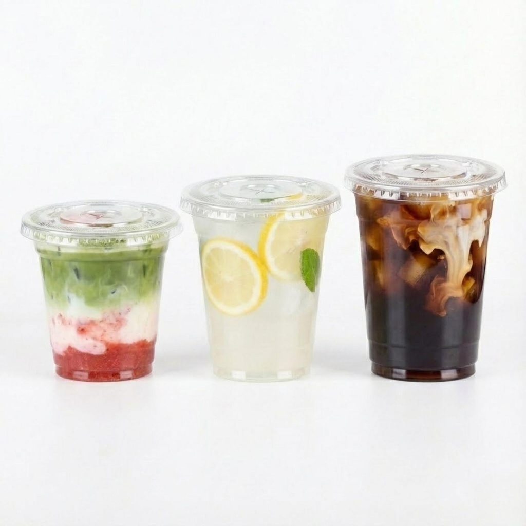 100 Stück Pet Becher mit Flachdeckel für Matcha Latte, Dessert, Softdrink, Kaffee, to go Plastikbecher, | 360ml, 400ml, 500ml